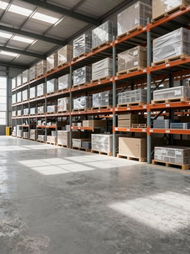 Industrial warehouse interior with organized high shelving, clean concrete floor, natural daylight streaming from high windows, architectural perspective