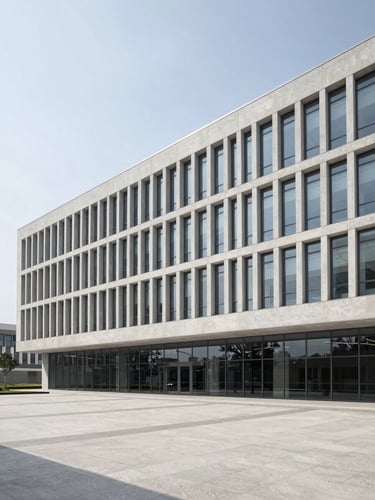 Professional architectural photography, clean daylight, desaturated corporate tones, wide-angle lens, modern government building facade with clean concrete and glass lines.