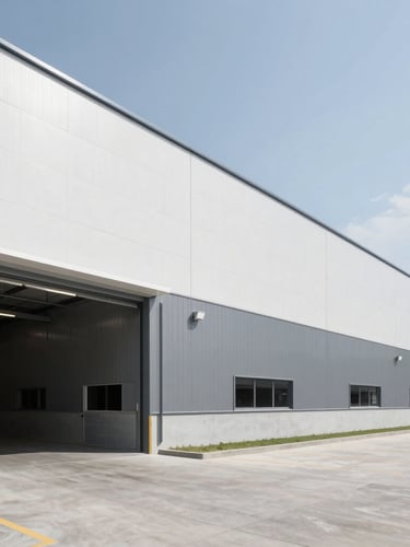 Professional architectural photography of a modern desaturated logistics warehouse exterior, clean daylight, sharp focus, high-end industrial aesthetic.