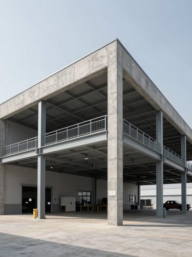 Wide-angle architectural photography of a modern logistics distribution center under clean natural daylight, desaturated corporate tones, sharp focus on structured concrete and steel frames.