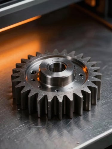 Macro industrial product photography of a high-precision SLS nylon gear on a dark metal surface, dramatic orange highlights from a printer bed, sharp details, 50mm lens