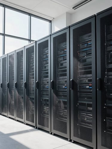 Wide architectural shot of a modern, high-tech server room in Prague, bright natural daylight streaming through large windows, crisp high-contrast cool tones, sharp 35mm lens, modern European aesthetic, no people.