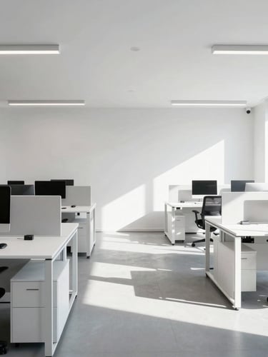 Wide shot of a modern, high-contrast office interior in Prague, clean developer workspaces, bright natural daylight, crisp shadows, cool tones, sharp 35mm lens, modern European aesthetic.