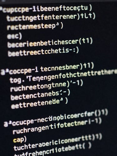 Tight macro shot of code blocks running on a terminal screen, high-contrast low-key lighting, sharp shadows, monospace typography visible