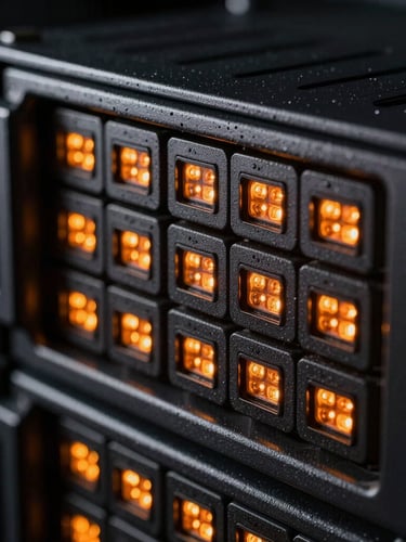 Macro close-up of high-end server rack hardware with blinking orange status indicator LEDs, high-contrast dark environment, sharp industrial shadows.