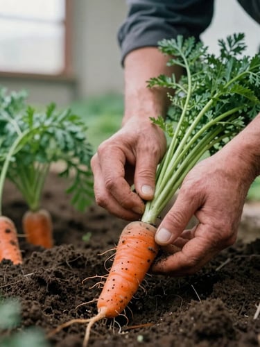 Farmer's hands gently harvesting organic carrots from rich, dark soil, soft natural overcast daylight, editorial framing, rich crimson and forest green tones, 35mm, portrait aspect, shallow depth of field.