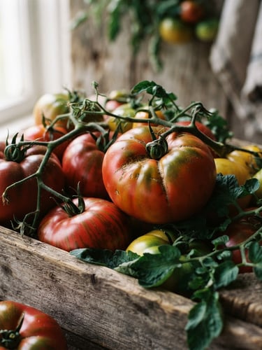 Close-up of fresh, vibrant heirloom tomatoes on a wooden crate, soft natural window light, rustic farm setting, rich crimson and forest green tones, 35mm, shallow depth of field, portrait aspect.
