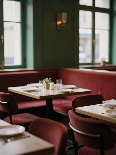 Warm editorial photograph of a cozy, dimly lit Scandinavian-style bistro interior, empty tables set for dinner, soft natural window light, rich crimson and forest green tones, shallow depth of field, 35mm.