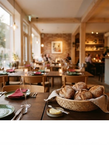 Wide panoramic shot of a cozy Scandinavian-style restaurant interior at golden hour, warm window light, empty tables set for dinner, soft focus on the background, an artisanal bread basket in the foreground.