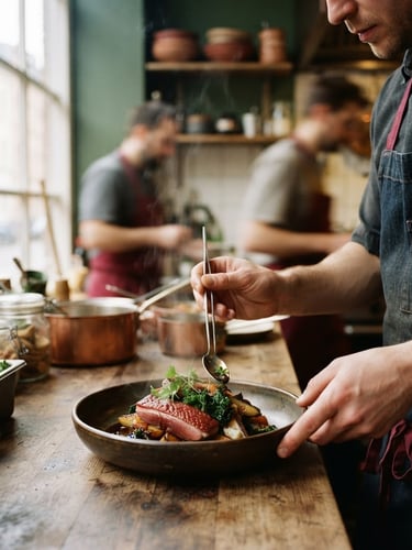 Warm editorial photograph of a chef's hands preparing a dish in a bustling, cozy Scandinavian-style restaurant kitchen, natural window light, rich crimson and forest green tones, shallow depth of field, 35mm, steam rising subtly, tactile textures of fresh ingredients.