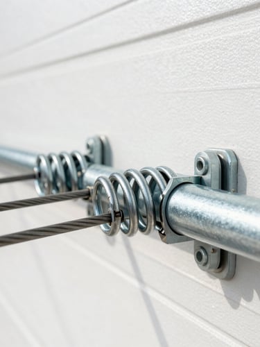 Close-up macro shot of heavy-duty steel torsion springs and cables on a garage door shaft, bright crisp lighting