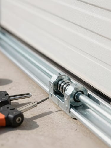 Close-up macro shot of heavy-duty galvanized steel torsion springs and cables on a garage door track, professional tools nearby, sharp focus, morning light