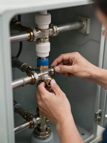 Close-up of a technician's hands adjusting a pool filter valve in a residential equipment enclosure, overcast mid-morning light, pipes and fittings visible in detail