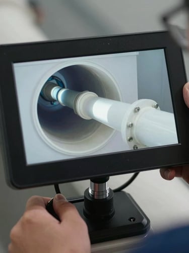 Close-up of a high-tech video inspection screen showing the clean interior of a PVC sewer pipe, sharp LED lighting, professional technician hands adjusting controls on the side
