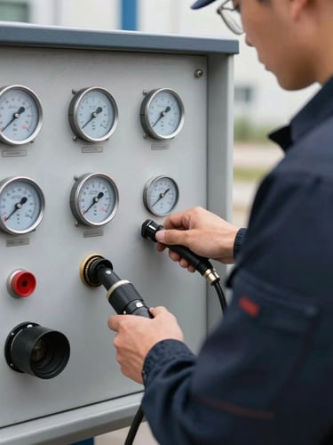 Close-up of a professional technician in a dark navy uniform operating a high-tech hydro-jetting control panel with digital pressure gauges, bright daylight, clear focus on technical details.