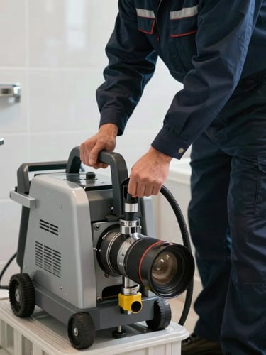 Close-up of a professional technician in a clean dark blue uniform operating a modern mechanical drain cleaning machine inside a bright residential bathroom, focused lighting.
