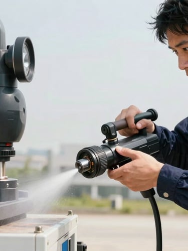 A technician in a clean navy blue uniform operating a high-pressure hydro-jetting machine with professional focus, bright daylight.