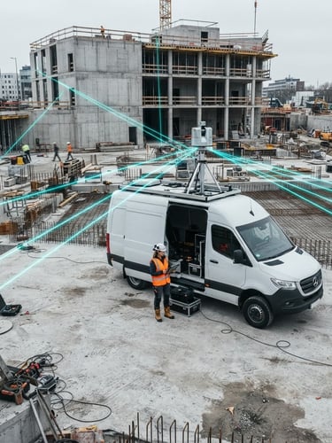 Wide shot of a specialized 3D laser scanning vehicle parked on a raw concrete construction site, crisp overcast daylight, operator visible beside the vehicle, neon cyan laser beams subtly visible.