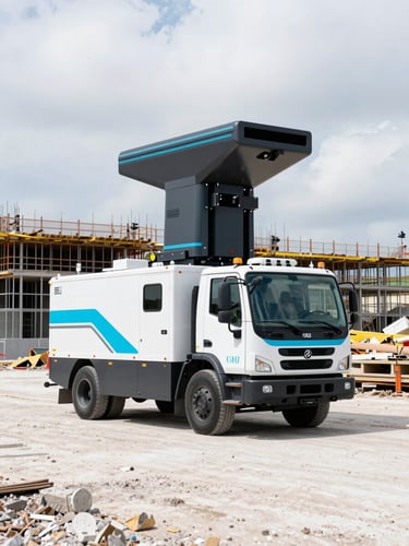 Wide environmental shot of a specialized scanning vehicle parked on a large, active construction site in Florida, showing the scale of the structure, under crisp overcast daylight.