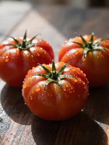 A portrait crop of raw, unpolished heirloom tomatoes with morning dew clinging to their skin, resting on a dark rustic wooden table. Soft morning sunlight streams from the side, casting realistic shadows. Shallow depth of field, 50mm, crisp editorial food photography.