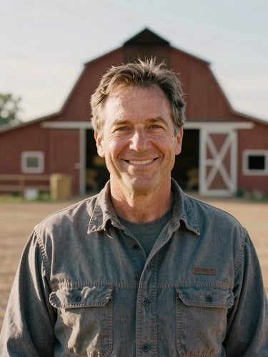 Portrait of Tom Scott Snyder, mid-50s, kind eyes, authentic smile, wearing a work shirt, standing in front of a barn at the Santa Clarita ranch, natural soft daylight, shallow depth of field, 35mm