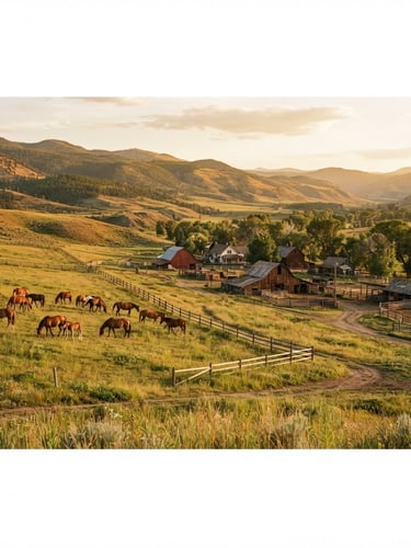 Wide panoramic view of a sunlit ranch, horses grazing in a pasture on the left, rolling hills in the background, warm golden-hour light, organic earth tones, authentic, 35mm.