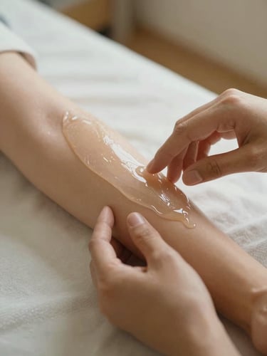 Close-up of hands gently applying a translucent, gel-like material to a prosthetic arm, in a clean, warm medical setting, soft natural light, shallow depth of field, authentic, 35mm.