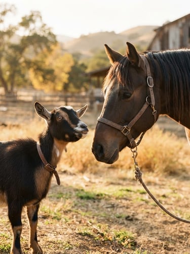 Wide portrait of a happy goat and a gentle horse at the Santa Clarita ranch, natural golden-hour light, shallow depth of field, authentic, 35mm, horse to the right, goat to the left