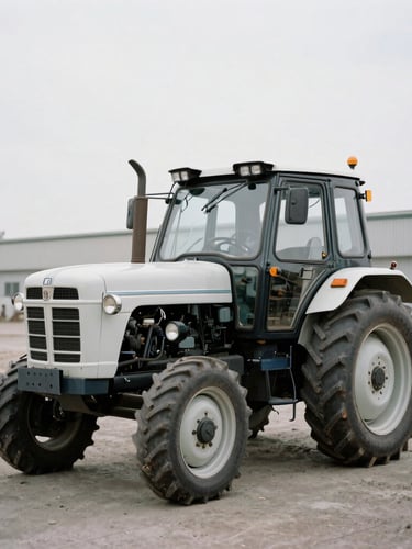 Straight-on profile of a vintage restored diesel tractor, natural overcast daylight, desaturated industrial background, documentary architectural photography, 35mm