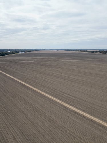 High-altitude aerial drone shot of a raw land parcel boundary, natural overcast daylight, realistic desaturated tones, sharp borders, 35mm