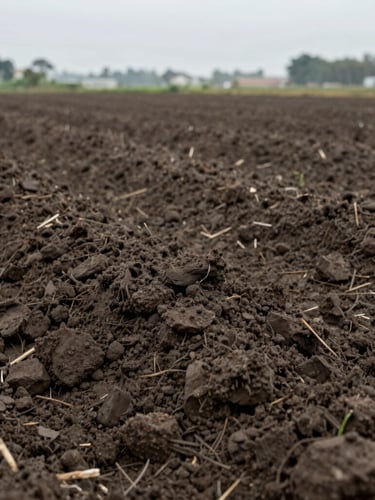 A close-up of dark, rich agricultural soil being tested in an open field, overcast morning light, documentary architectural photography.