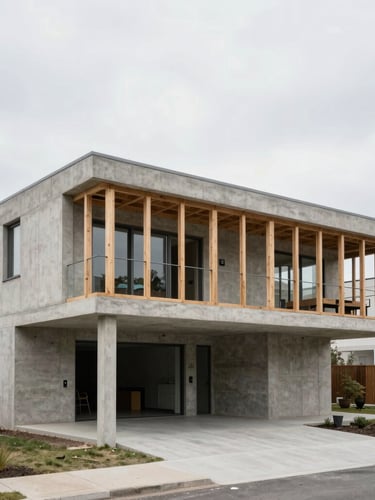 Wide-angle architectural photograph of a modern concrete and timber residential structure under natural overcast daylight, showing clear drive access and raw structural framing.