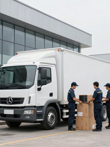 A clean, modern logistics truck parked outside a corporate glass building, professional team in uniform loading organized boxes of IT equipment, bright overcast daylight