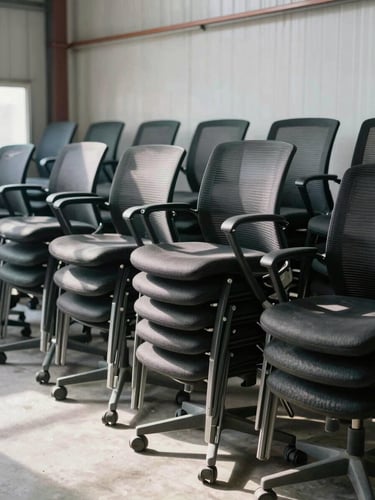 Rows of decommissioned office chairs stacked neatly in a warehouse, bright natural daylight, industrial editorial photography, 35mm lens