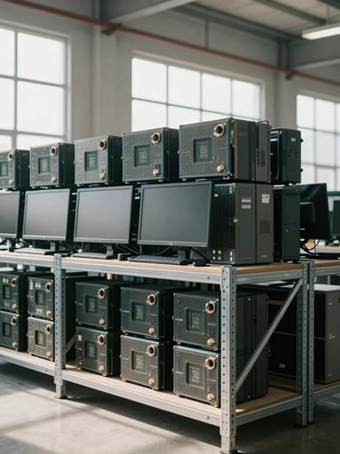 Wide shot of stacked corporate computer CPUs and monitors organized on heavy metal shelving in an industrial warehouse, bright natural daylight, desaturated cool tones, 35mm lens.