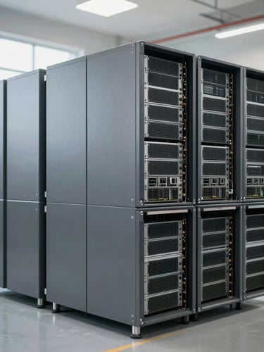 Stacked corporate CPUs and servers in a clean warehouse, bright natural daylight, industrial editorial style, 35mm lens
