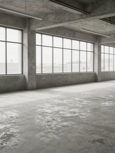 Medium shot of an empty commercial office floor post-removal, clean concrete floors, large windows with bright natural daylight, desaturated cool tones, 35mm lens.