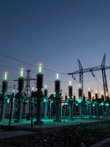Wide-angle cinematic industrial photograph of a massive high-voltage substation at twilight, glowing indicator lights, deep obsidian and electric cyan tones, sharp technical detail, bleed to the right