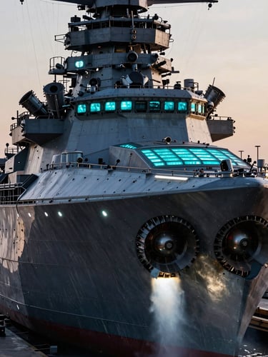 Extreme close-up of a massive 3D dreadnought hull, electric cyan panel lights glowing against dark metallic armor, stark engine-plume backlighting, cinematic angle.