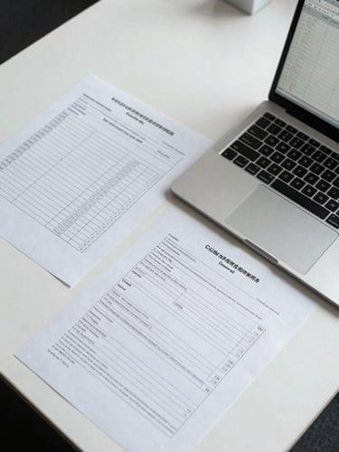 Clean overhead shot of compliance documentation spread on a white desk — structured framework matrices, annotated control lists, and a laptop showing a structured spreadsheet — cool even studio lighting, precise institutional framing