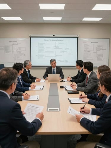 Wide shot of a meeting room during a security tabletop exercise, participants reviewing incident scenario documents on a conference table, whiteboards with structured diagrams visible, controlled overhead lighting, institutional framing