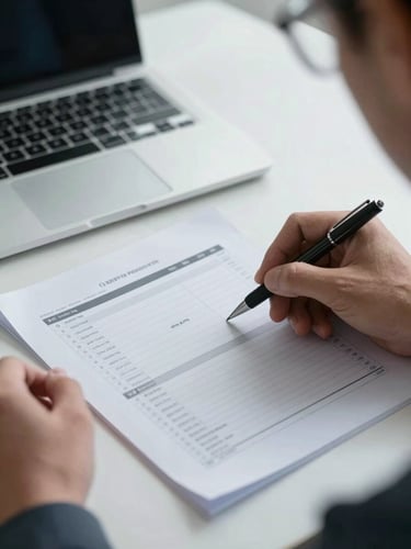 Close-up of a security analyst reviewing a printed audit report on a clean desk, annotating findings with a pen, cool even daylight from the left, structured documents and a laptop visible in the background