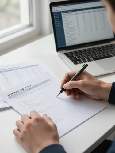 Close-up of a clean desk during a security strategy session — printed audit documents, a laptop screen showing a compliance dashboard, two sets of hands working through annotations, bright even daylight from a window at left, precise and uncluttered framing