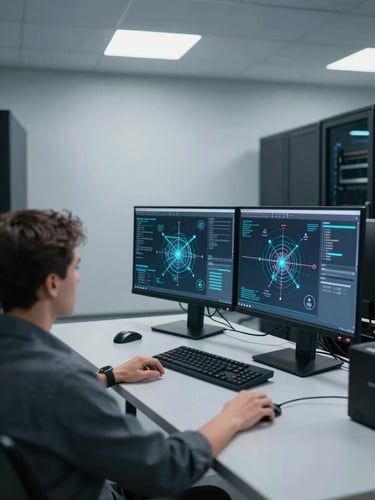 Wide environmental shot of a security analyst reviewing network topology diagrams on dual monitors in a clean, corporate server room, controlled studio lighting from above, cool neutral tones, precise framing with empty space to the left