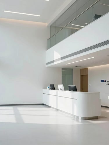 Wide architectural shot of a modern, clean medical clinic interior, sharp lines, natural cool light, negative space on the left