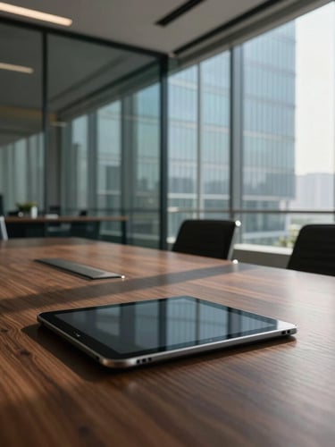 Wide-angle architectural photograph of a modern glass-walled corporate boardroom in Mumbai, cool morning light, sharp geometric shadows, high-end tablet on a dark oak table.