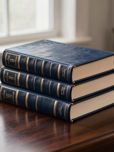 Editorial photography of leather-bound legal books stacked on a dark mahogany desk, soft natural window light, deep navy shadows, bronze highlights, 50mm lens