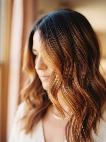 Close-up of rich, lived-in hair color transition, soft warm window light, shallow depth of field, 35mm editorial photography.