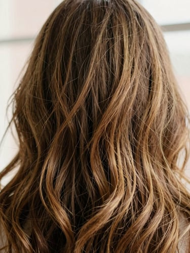 Close-up editorial photograph of warm gold highlights on soft wavy brown hair, shallow depth of field, diffused natural window light, 35mm