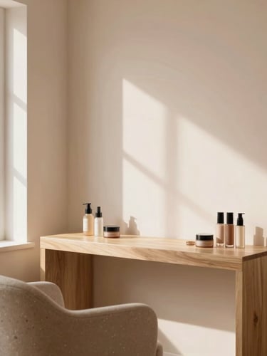 Bright, minimalist beauty studio interior with natural wood and stone accents, soft warm window light, editorial feel.